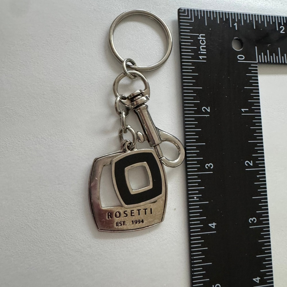 Rosetti Keychain Silver Tone Logo‎ Square Black Enamel Modern Key Ring